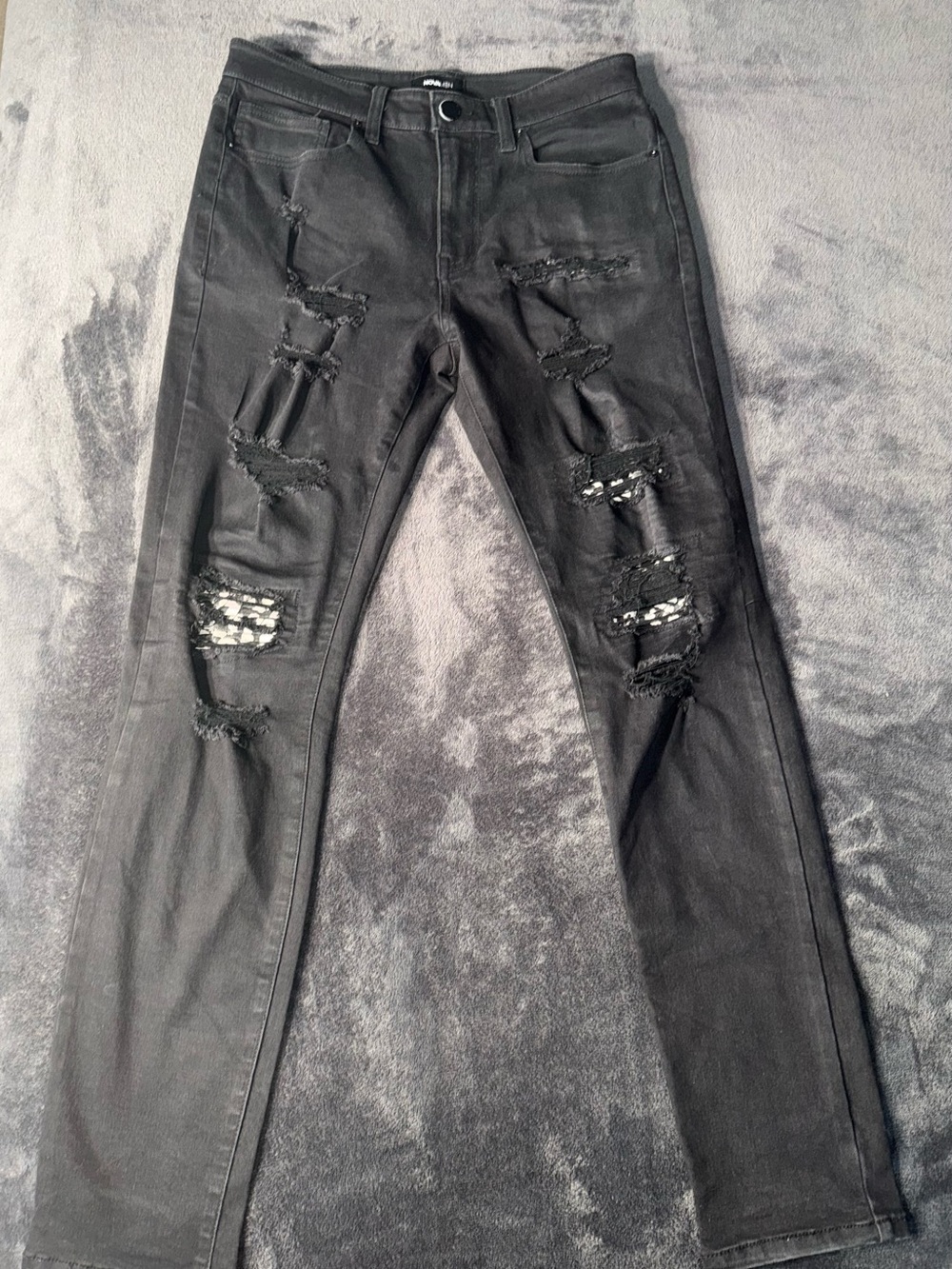 Men's Black Distressed Skinny Jeans With Black and White Print Pattern